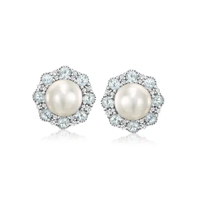 Ross-simons 7-7.5mm Cultured Pearl Earrings With . Sky Blue Topaz And . Diamonds In Sterling Silver In Multi