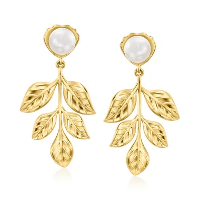 Ross-simons 7-7.5mm Cultured Pearl Leaf Drop Earrings In 18kt Gold Over Sterling In Multi