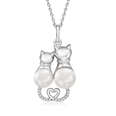Ross-simons 7-8.5mm Cultured Pearl Cat Pendant Necklace With Diamond Accents In Sterling Silver