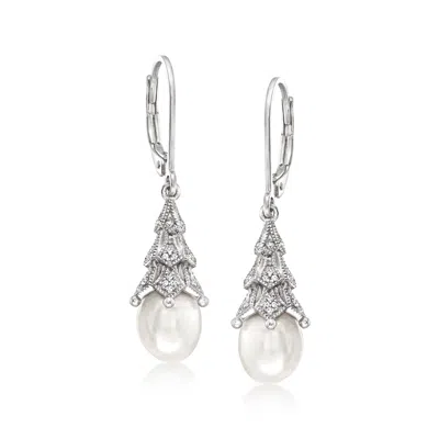 Ross-simons 7.5-8mm Cultured Pearl And . Diamond Drop Earrings In Sterling Silver