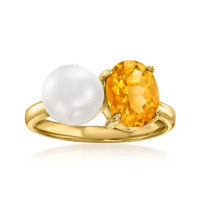 Ross-simons 7.5-8mm Cultured Pearl And Citrine Toi Et Moi Ring In 18kt Gold Over Sterling In Silver