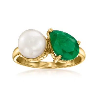 Ross-simons 7.5-8mm Cultured Pearl And Emerald Toi Et Moi Ring In 18kt Gold Over Sterling