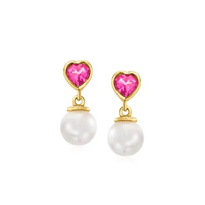 Ross-simons 7.5-8mm Cultured Pearl And Pink Topaz Heart Drop Earrings In 18kt Gold Over Sterling