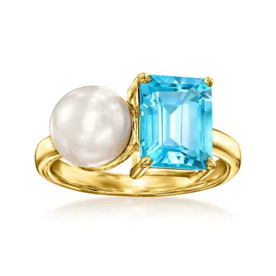 Ross-simons 7.5-8mm Cultured Pearl And Swiss Blue Topaz Toi Et Moi Ring In 18kt Gold Over Sterling