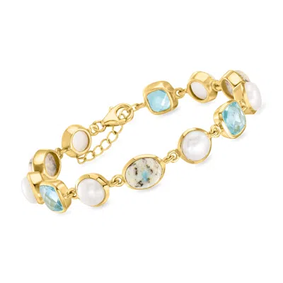 Ross-simons 7.5-8mm Cultured Pearl, Gray Jasper And Sky Blue Topaz Bracelet In 18kt Gold Over Sterling