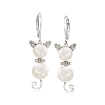Ross-simons 7.5-9mm Cultured Pearl And Diamond-accented Cat Drop Earrings In Sterling Silver In Multi