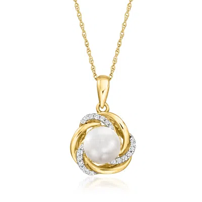 Ross-simons 7mm Cultured Pearl Love Knot Pendant Necklace With Diamonds In 14kt Yellow Gold In Multi