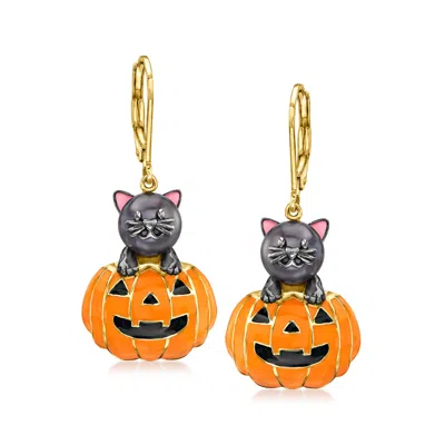 Ross-simons 8-8.5mm Black Cultured Pearl Cat And Orange Enamel Pumpkin Drop Earrings In 18kt Gold Over Sterling In Multi