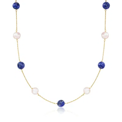 Ross-simons 8-8.5mm Cultured Pearl And 8mm Lapis Bead Station Necklace In 14kt Yellow Gold In Multi