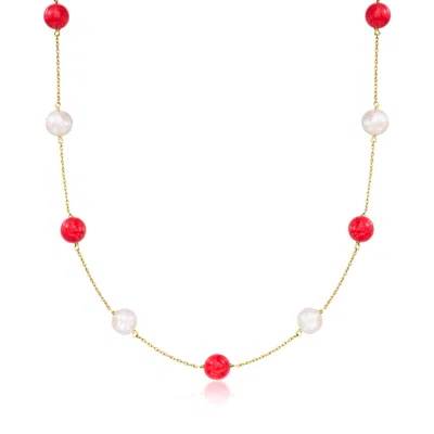 Ross-simons 8-8.5mm Cultured Pearl And 8mm Red Coral Bead Station Necklace In 14kt Yellow Gold In Multi