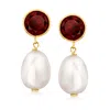 Ross-simons 8-8.5mm Cultured Pearl And Garnet Drop Earrings In 14kt Yellow Gold In Red