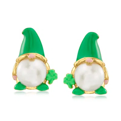 Ross-simons 8-8.5mm Cultured Pearl And Green Enamel St. Patrick's Day Gnome Earrings In 18kt Gold Over Sterling