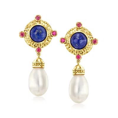 Ross-simons 8-8.5mm Cultured Pearl And Lapis Drop Earrings With . Rhodolite Garnet In 18kt Gold Over Sterling In Purple