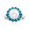 Ross-simons 8-8.5mm Cultured Pearl And . London Blue Topaz Ring In Sterling Silver