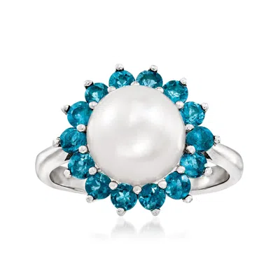Ross-simons 8-8.5mm Cultured Pearl And . London Blue Topaz Ring In Sterling Silver
