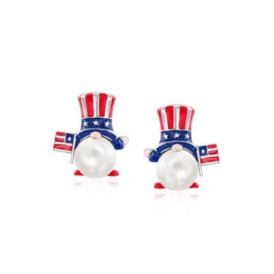 Ross-simons 8-8.5mm Cultured Pearl And Multicolored Enamel Patriotic Gnome Earrings In Sterling Silver