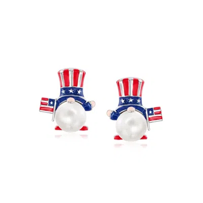 Ross-simons 8-8.5mm Cultured Pearl And Multicolored Enamel Patriotic Gnome Earrings In Sterling Silver In White