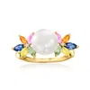 Ross-simons 8-8.5mm Cultured Pearl And Multicolored Sapphire Ring With Diamond Accents In 14kt Yellow Gold In Blue