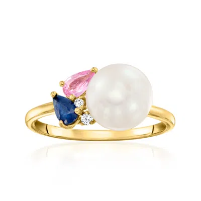 Ross-simons 8-8.5mm Cultured Pearl And . Multicolored Sapphires With Diamonds In 18kt Gold Over Sterling