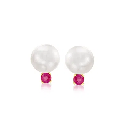 Ross-simons 8-8.5mm Cultured Pearl And . Ruby Earrings In 14kt Yellow Gold In Red