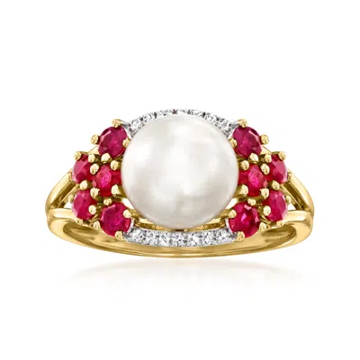 Ross-simons 8-8.5mm Cultured Pearl And . Ruby Ring With Diamonds In 14kt Yellow Gold In Red