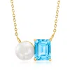Ross-simons 8-8.5mm Cultured Pearl And Swiss Blue Topaz Toi Et Moi Necklace In 18kt Gold Over Sterling In Multi