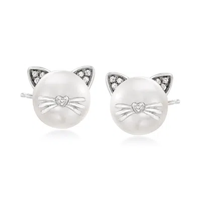 Ross-simons 8-8.5mm Cultured Pearl Cat Earrings With Diamond Accents In Sterling Silver In White
