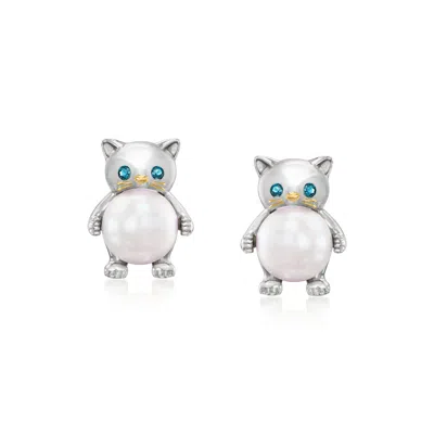 Ross-simons 8-8.5mm Cultured Pearl Cat Earrings With London Blue Topaz In Sterling Silver And 18kt Gold Over Ste