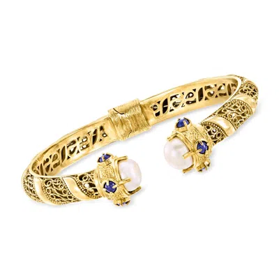 Ross-simons 8-8.5mm Cultured Pearl Cuff Bracelet With Lapis In 18kt Gold Over Sterling In Multi