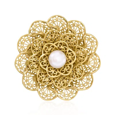 Ross-simons 8-8.5mm Cultured Pearl Filigree Flower Pin In 18kt Gold Over Sterling In Yellow