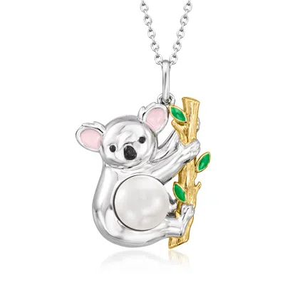 Ross-simons 8-8.5mm Cultured Pearl Koala Pendant Necklace With Multicolored Enamel In 2-tone Sterling Silver