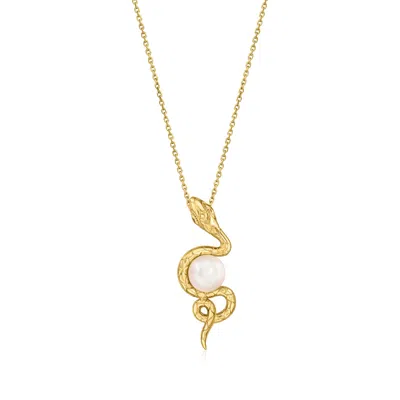 Ross-simons 8-8.5mm Cultured Pearl Snake Pendant Necklace In 18kt Gold Over Sterling