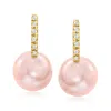 Ross-simons 8-8.5mm Pink Cultured Pearl Huggie Hoop Drop Earrings With Diamond Accents In 14kt Yellow Gold In White