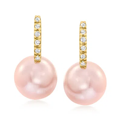 Ross-simons 8-8.5mm Pink Cultured Pearl Huggie Hoop Drop Earrings With Diamond Accents In 14kt Yellow Gold In White