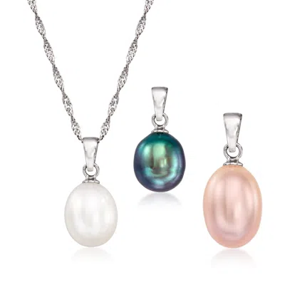 Ross-simons 8-9mm Cultured Multicolored Pearl Set: 3 Pendants With Necklace In Sterling Silver