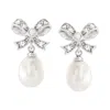 Ross-simons 8-9mm Cultured Pearl And . White Topaz Bow Drop Earrings In Sterling Silver In Metallic