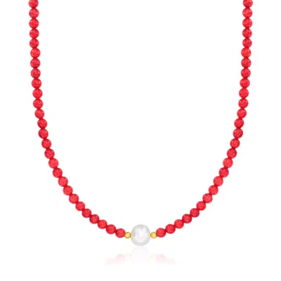 Ross-simons 8.5-9.5mm Cultured Pearl And 4-4.5mm Red Coral Bead Necklace With 18kt Gold Over Sterling In Multi