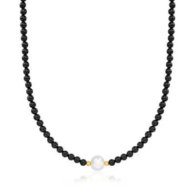 Ross-simons 8.5-9mm Cultured Pearl And 4-4.5mm Onyx Bead Necklace With 18kt Gold Over Sterling In Multi