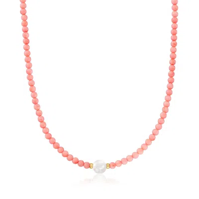 Ross-simons 8.5-9mm Cultured Pearl And 4mm Pink Coral Bead Necklace With 18kt Gold Over Sterling
