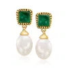 Ross-simons 8.5-9mm Cultured Pearl And Emerald Drop Earrings In 18kt Gold Over Sterling