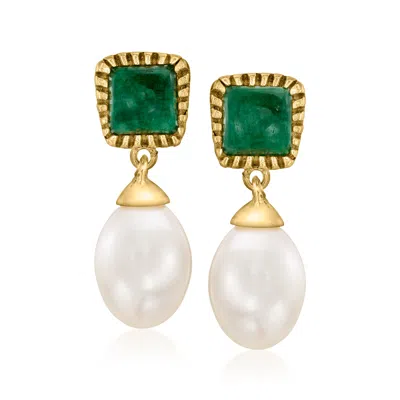 Ross-simons 8.5-9mm Cultured Pearl And Emerald Drop Earrings In 18kt Gold Over Sterling