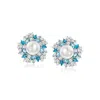 Ross-simons 8.5-9mm Cultured Pearl And Tonal Blue And White Topaz Earrings In Sterling Silver In White
