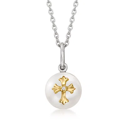 Ross-simons 8.5-9mm Cultured Pearl Cross Pendant Necklace With Diamond Accent In 14kt Yellow Gold And Sterling S In Multi