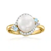 Ross-simons 8.5-9mm Cultured Pearl, White Zircon And . Swiss Blue Topaz Ring In 18kt Gold Over Sterling In White