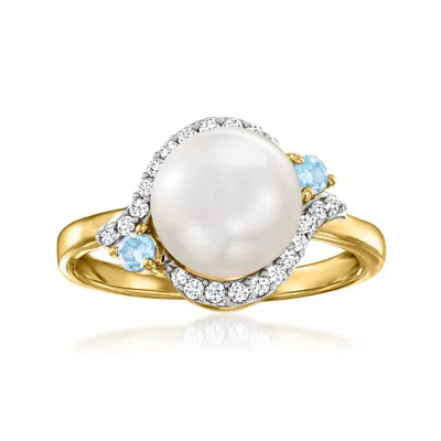Ross-simons 8.5-9mm Cultured Pearl, White Zircon And . Swiss Blue Topaz Ring In 18kt Gold Over Sterling In Silver