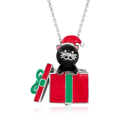 Ross-simons 8mm Black Agate Bead Christmas Cat Pin/pendant Necklace With Multicolored Enamel In Sterling Silver