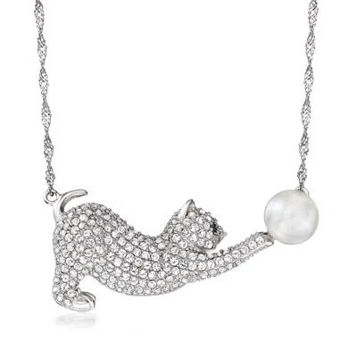Ross-simons 8mm Cultured Pearl And White Topaz Cat Necklace In Sterling Silver With Black Spinel Accent In Multi