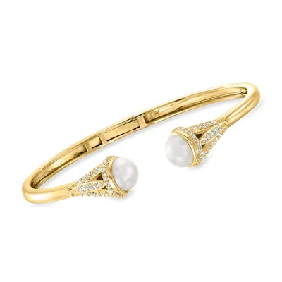 Ross-simons 8mm Cultured Pearl And . White Topaz Cuff Bracelet In 18kt Gold Over Sterling. 7 Inches In Silver