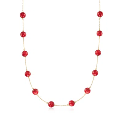 Ross-simons 8mm Red Coral Bead Station Necklace In 14kt Yellow Gold In Multi