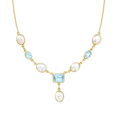 Ross-simons 8x10mm Cultured Pearl And Sky Blue Topaz Necklace In 18kt Gold Over Sterling In Multi